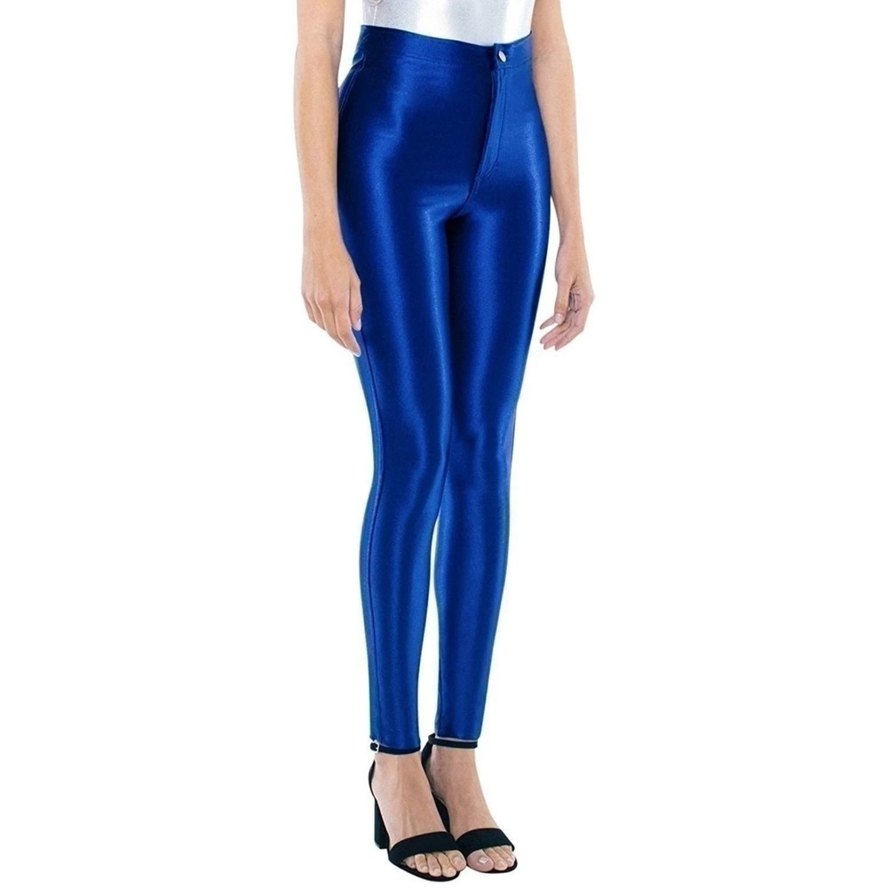 American Apparel Disco Pants Royal Blue High Waisted Shiny Leggings XS RSAAH300W - Picture 3 of 7